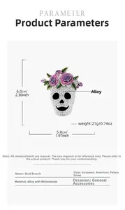 Detailed view of Halloween skull brooch decorated with vibrant purple flowers and rhinestones