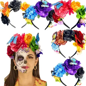 Detailed view of colorful artificial flower headbands with butterfly accents for parties