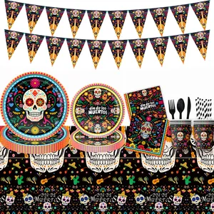 Complete Day of the Dead party decoration set with skull paper plates, cups and banners