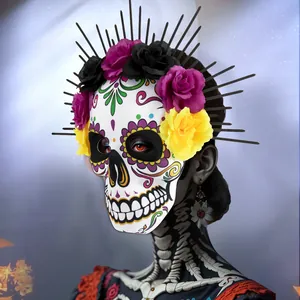 Detailed Day of the Dead sugar skull mask with vibrant roses and a sunburst halo crown