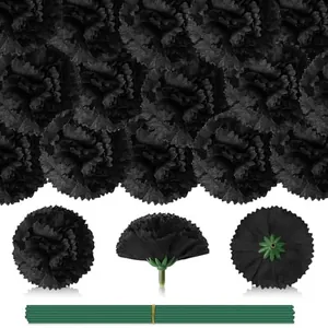 Detail view of black artificial marigolds with green stems for Halloween DIY wreath making.