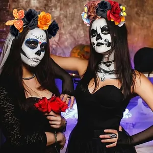 Models wearing colorful floral headbands with butterfly accents for festival party decor