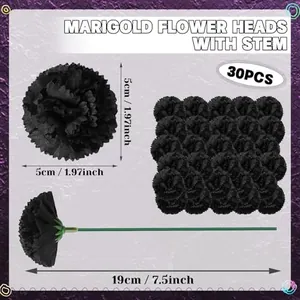 Set of 30 black marigold flower heads with stems for Day of the Dead DIY decor.