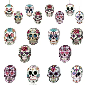 Colorful Day of the Dead sugar skull hanging ornaments for festive party decorations.