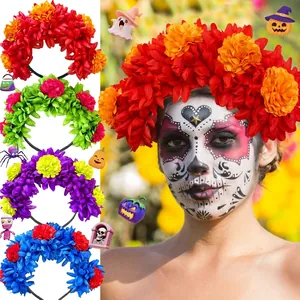 Vibrant marigold flower headbands perfect for Day of the Dead festival party costumes.