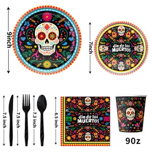 Day of the Dead party tableware set with sugar skull plates, napkins, and cups