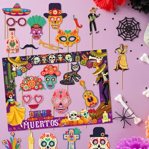 Day of the Dead party photo frame and handheld props with sugar skull designs