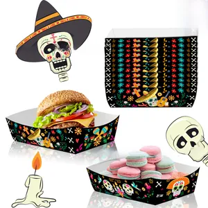 Disposable Day of the Dead skull paper snack trays for festive party food service
