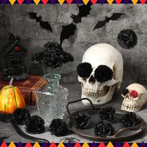 Realistic black artificial marigolds for Halloween decor with skulls and pumpkins