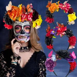 Close-up of vibrant artificial flower headband with butterfly accents on a female model