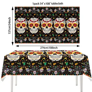 Large Day of the Dead plastic tablecloth with colorful sugar skull pattern, 54x108 inch