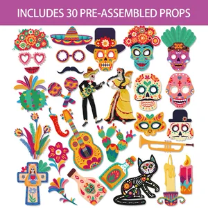 Set of 30 Day of the Dead photo booth props featuring sugar skulls and masks
