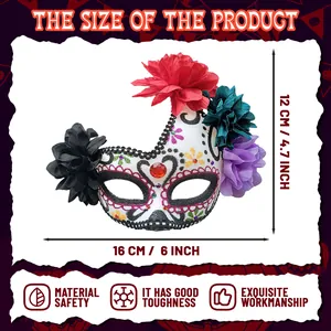 Close-up detail showing the dimensions of Day of the Dead mask with floral accents