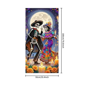 Day of the Dead Mexican party banner with dancing skeletons, candles and full moon decor