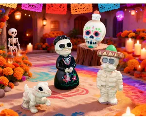 Detailed view of four colorful Day of the Dead skeleton figurines for Halloween decor