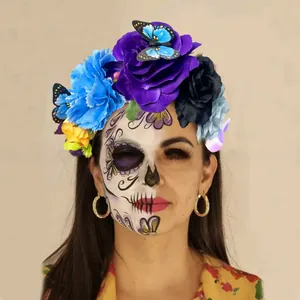 Detailed view of the vibrant floral headband with butterfly accents for Day of the Dead