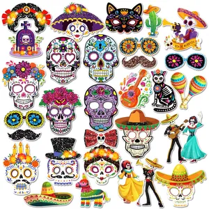 30-piece Mexican Day of the Dead photo booth props set with sugar skulls and masks