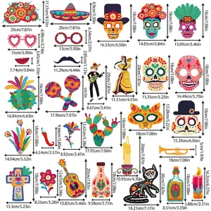 Day of the Dead photo booth props size guide with 25 colorful paper decorations.