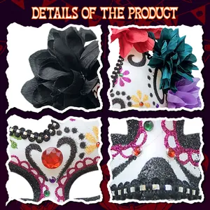 Close-up details of Mexican Day of the Dead mask with colorful flowers and glitter