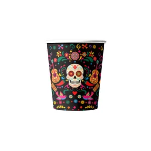 Mexico Day of the Dead themed paper cup with vibrant sugar skull and guitar patterns