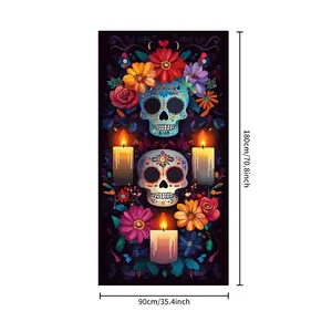 Colorful Mexican Day of the Dead banner decoration with sugar skulls and candles 90x180cm
