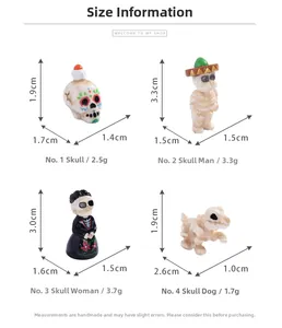 Detailed size and weight chart for miniature Halloween skull and skeleton resin figurines