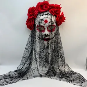 Authentic Day of the Dead headpiece featuring red roses and a long black cobweb lace veil