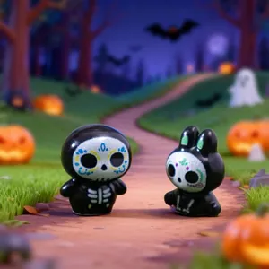 Miniature Day of the Dead skull and rabbit figurines for DIY micro-landscape decor