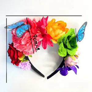 Detailed view of colorful artificial flower headband with blue butterflies and dimensions