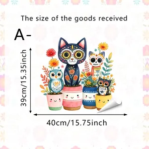 Detailed dimensions of Day of the Dead cat and owl electrostatic window cling 40x39cm