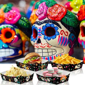Mexican Day of the Dead themed paper snack trays with colorful skull patterns
