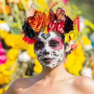 Day of the Dead headband with colorful artificial roses and monarch butterflies for carnival