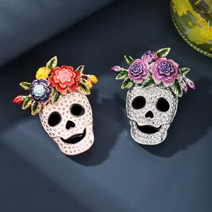 Halloween Skull Flower Brooch Pin Zinc Alloy Rhinestone Enamel Gothic Spooky Costume Accessories For Women Men Gift