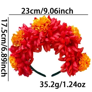 Detail showing exact dimensions and weight of the red and yellow marigold headband.