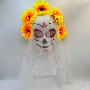 Detailed view of Day of the Dead mask with yellow sunflower crown and white veil