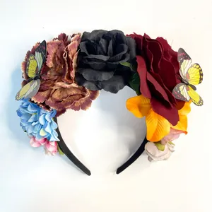 Detailed view of vibrant artificial flower headband with butterflies for festival party