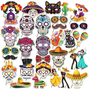 Mexican Day Of The Dead Photo Booth Props Collection Día De Muertos Sugar Skull Sombrero Guitar Mustache Paper Decorations