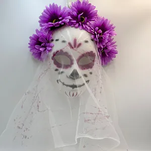 Detailed view of Mexico Day of the Dead mask with purple flowers and white veil