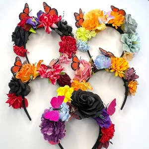 Close-up detail showing vibrant rose and butterfly headbands for festive carnival parties.