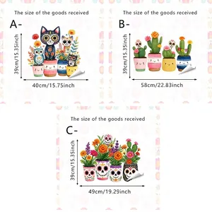 Detailed dimensions for Day of the Dead themed static window stickers with pet designs
