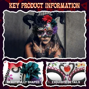 Día de los Muertos mask with black horns and colorful floral decor for Halloween
