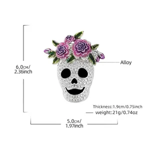 Halloween crystal skull brooch with pink floral crown and sparkling silver finish