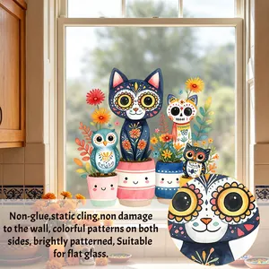 Colorful Day of the Dead cat and owl static cling window decals for home glass decor