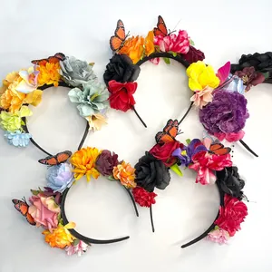 Close-up of vibrant artificial rose and butterfly headbands for festival themed parties