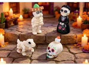 Exquisite detail of Halloween skeleton couple and dog miniature figures for DIY landscape decor.