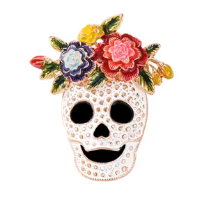 Intricate Halloween sugar skull brooch with colorful enamel floral headpiece decoration