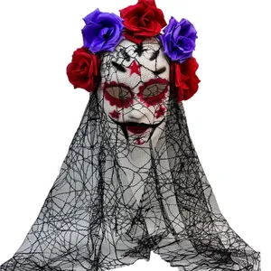 Day of the Dead Sugar Skull Veil with Red and Purple Roses for Halloween Party