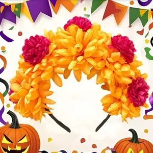 Vibrant orange and magenta marigold floral headband for Day of the Dead festival costumes