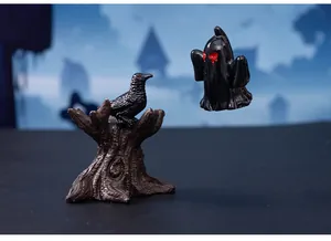 Detailed macro view of black Halloween resin crow on tree stump and floating ghost.