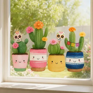Cute Day of the Dead cactus window clings static transparent glass stickers set